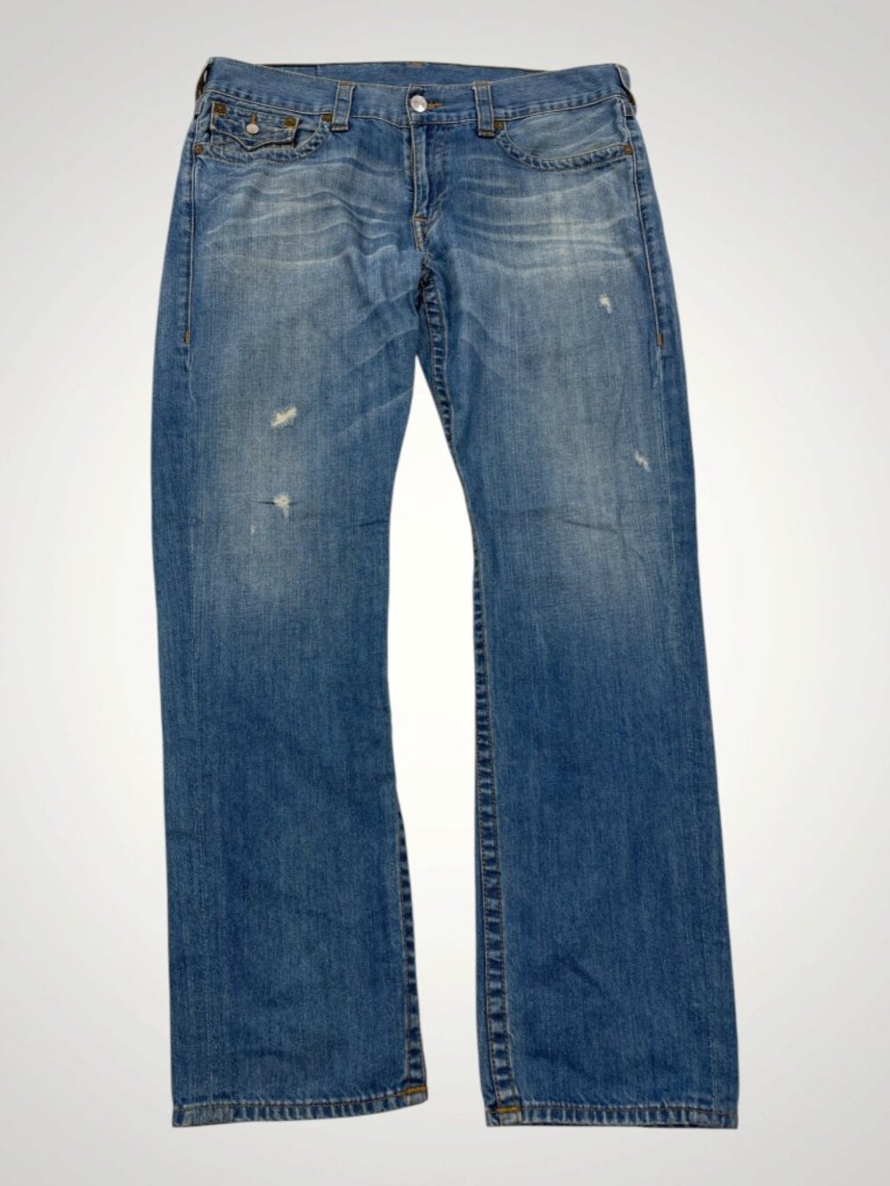 True Religion Ricky Straight Flap Aged Denim Distressed Jeans Fits Menโs 36x32.5